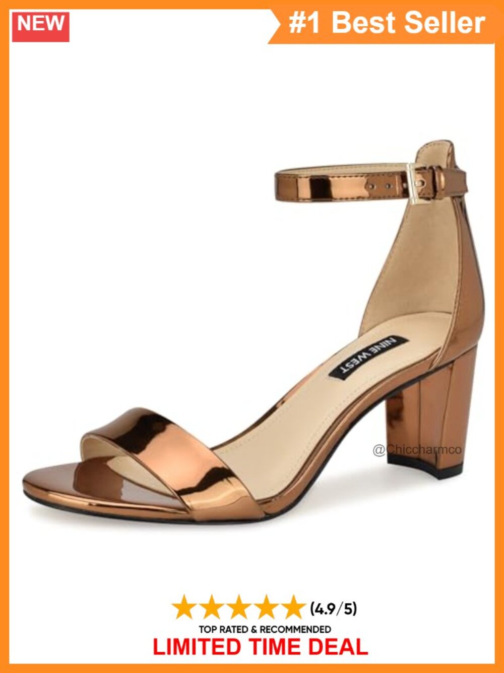 Nine West Wnpruce Heeled Sandals Block Heel Almond Toe Buckle Ankle Strap